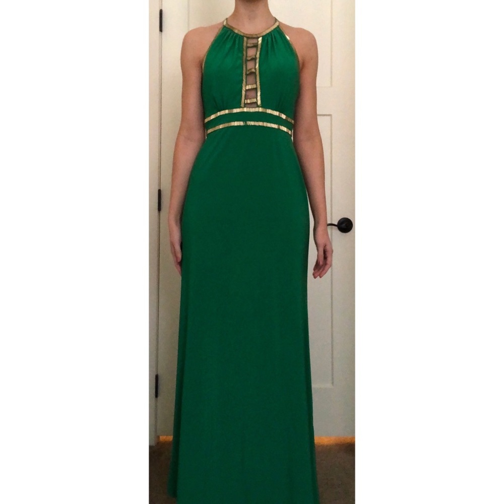 Green Prom Dress with gold metallic detailing